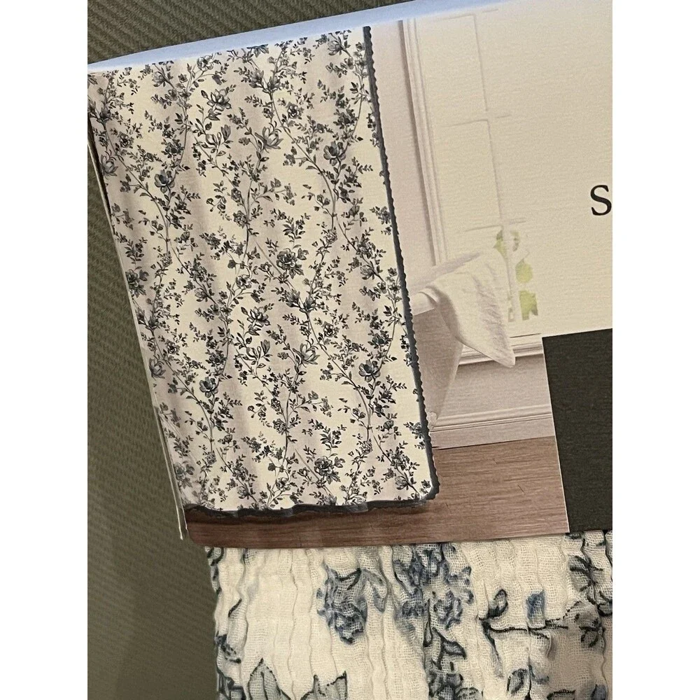 Boundary Shower Curtain Elegant Cotton Texture White Blue Floral Blue Trim New